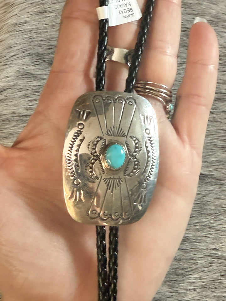 Navajo Sterling Silver Concho Bolo Tie – Kingman Turquoise – Signed Joan Begay