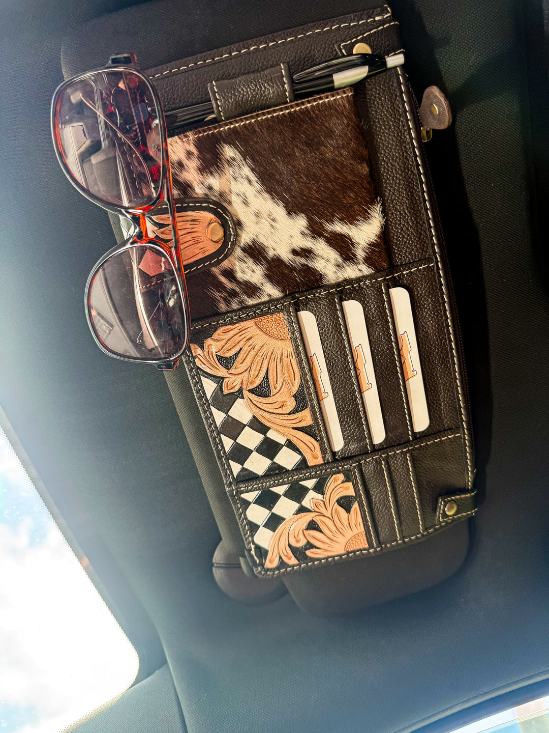 Blacktop Boss™ Cowhide Leather Visor Organizer | Western Car & Truck Storage Organizer