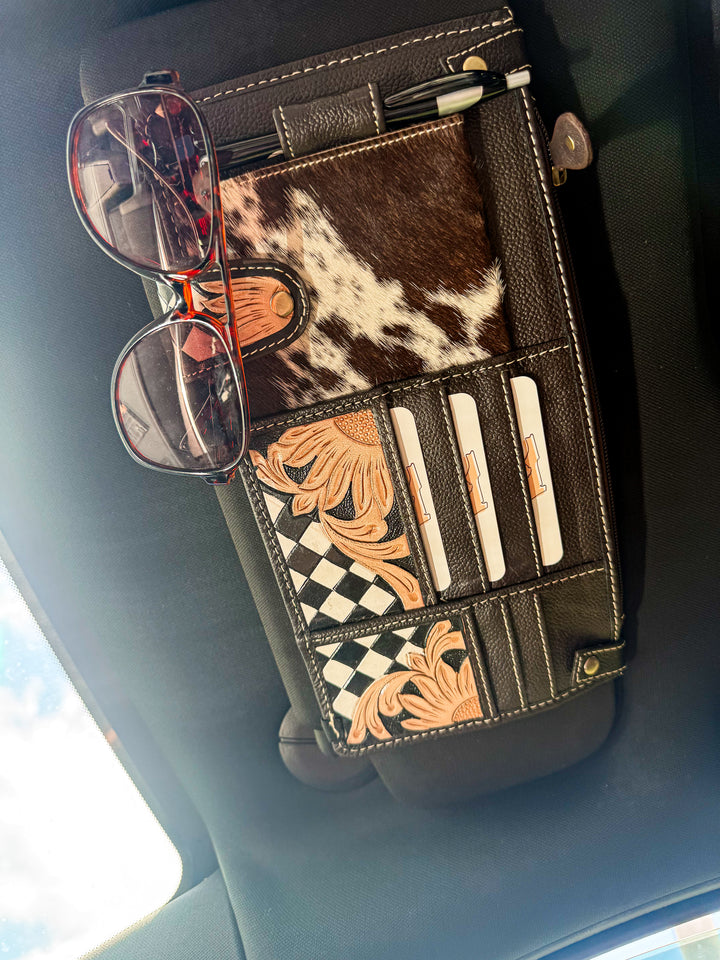 Blacktop Boss™ Cowhide Leather Visor Organizer | Western Car & Truck Storage Organizer