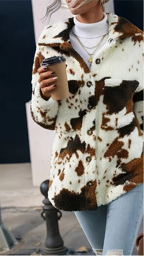 Cow Print Collared Neck Button Up Fuzzy Jacket