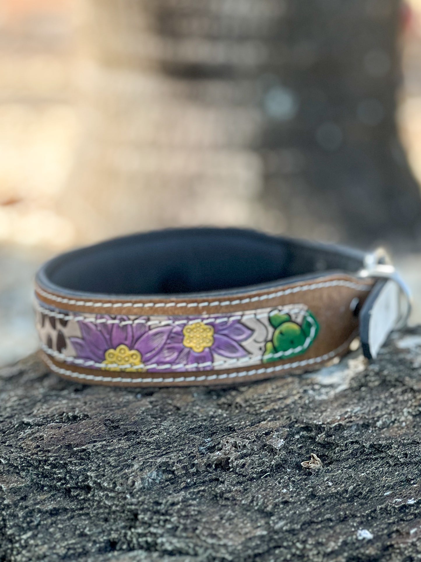 DESERT WANDERER (L) hand tooled painted leather and cowhide dog collar