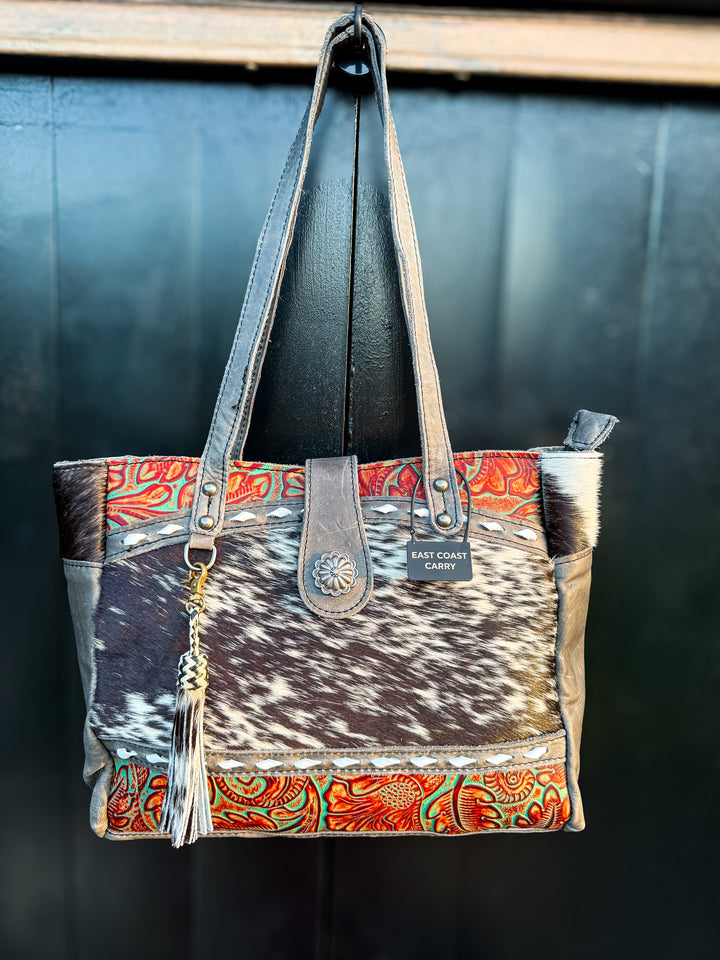 Vintage Vibe Black Leather Concealed Carry Purse with Hair-on Cowhide & Tooled Leather | Right-Hand CCW Tote