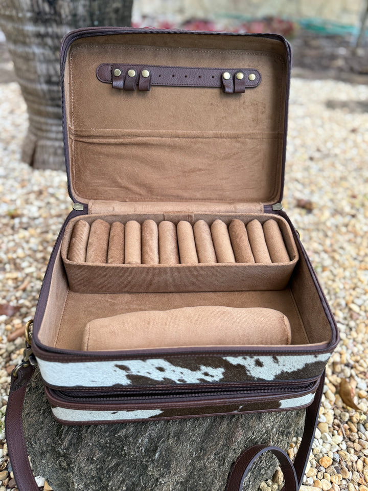 The Double Decker in Chocolate Brown | Large Dark Brown and White Cowhide and Tooled Leather Jewelry Case