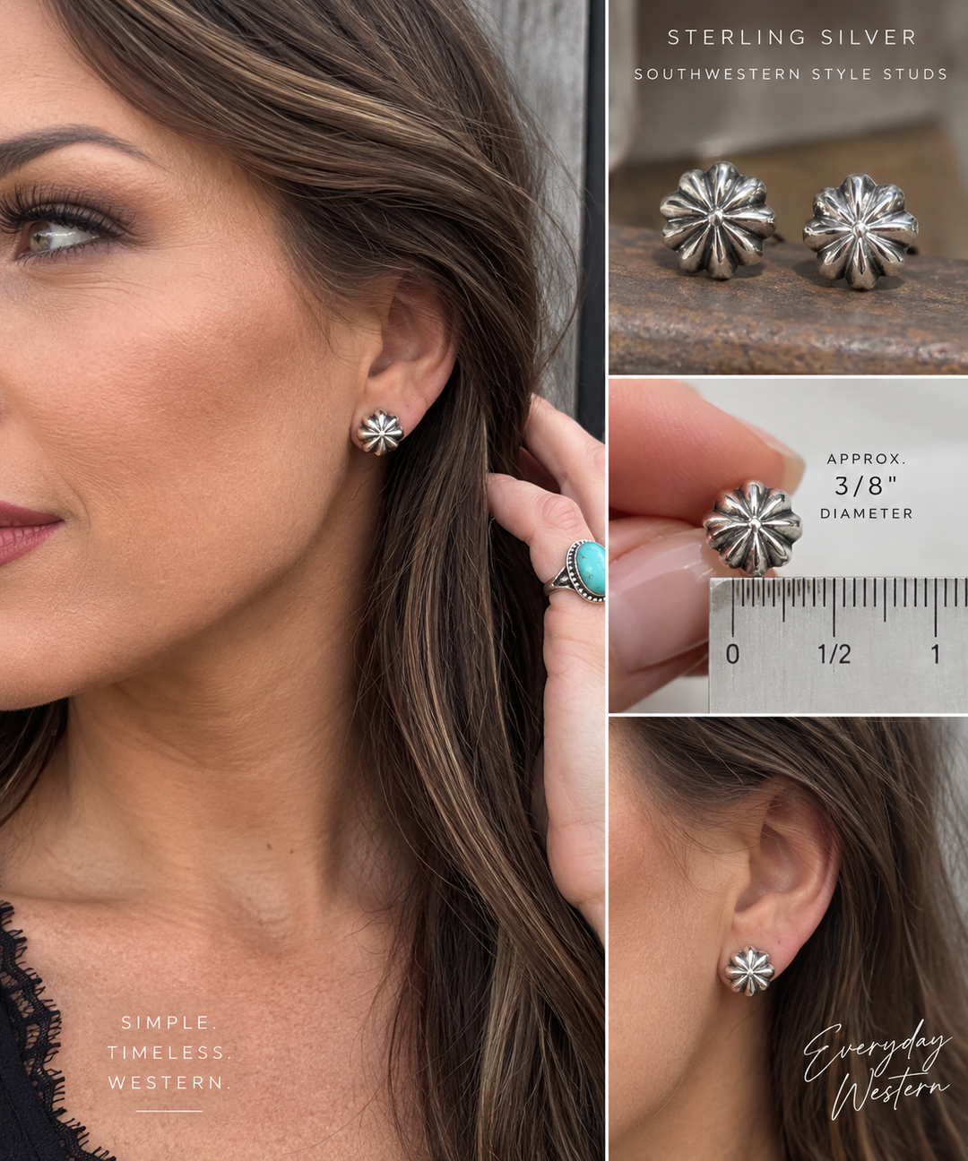 Sterling Silver Southwestern Sunburst Stud Earrings | 3/8” Silver Studs