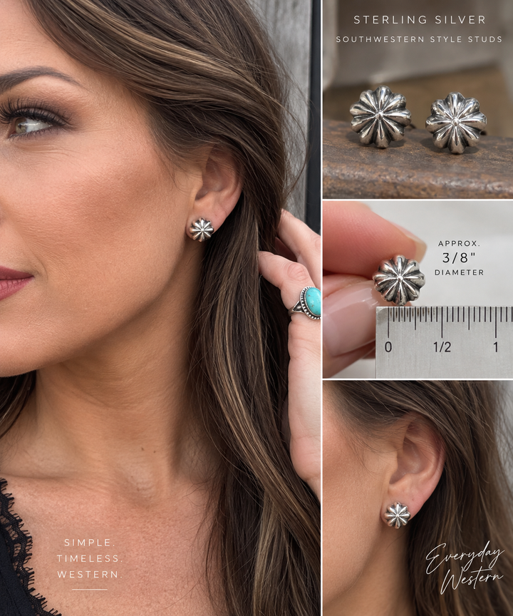 Sterling Silver Southwestern Sunburst Stud Earrings | 3/8” Silver Studs