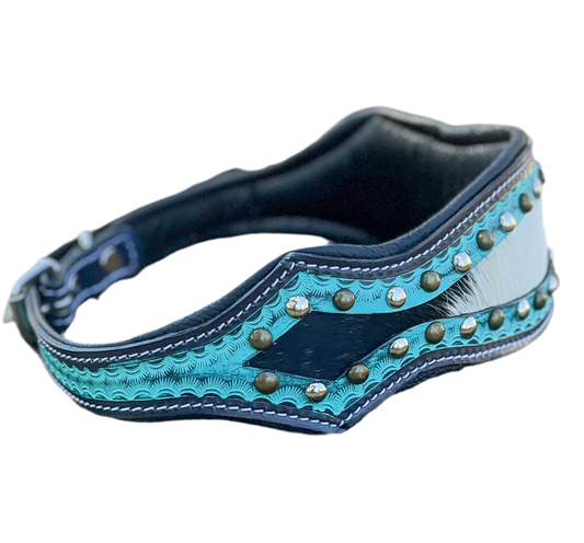 TURQUOISE OULAW (XL) Hand tooled leather and cowhide studded dog collar