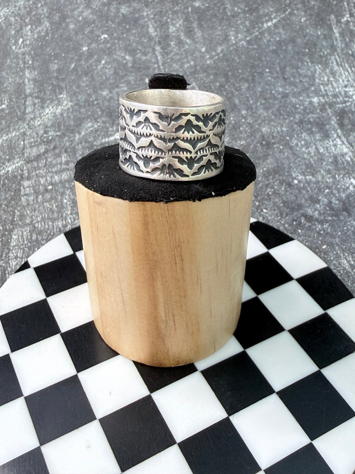Navajo Handmade Sterling Silver Stamped Cigar Band Ring — Size 7.5