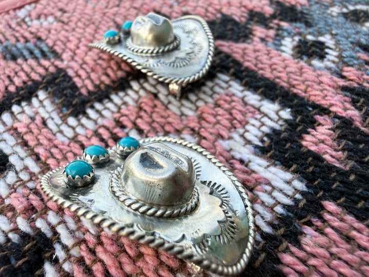 Navajo Handmade Cowboy hat Kingman Turquoise and Sterling Silver Earrings by Bobby Platero