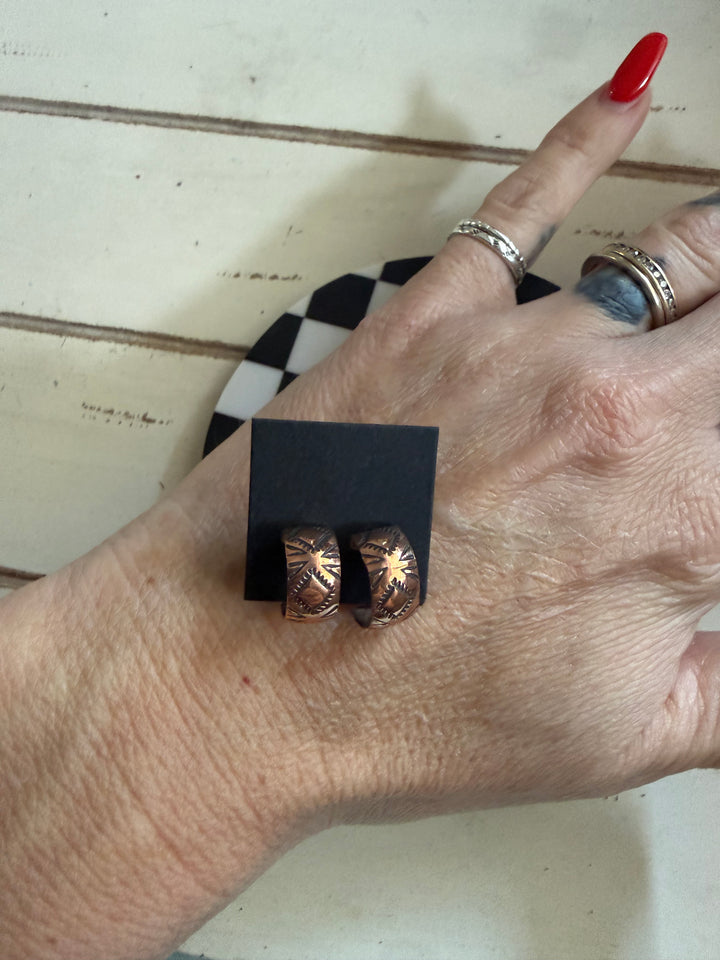 Navajo Handmade Copper Huggie Earrings | Sterling Silver Post Half Hoops