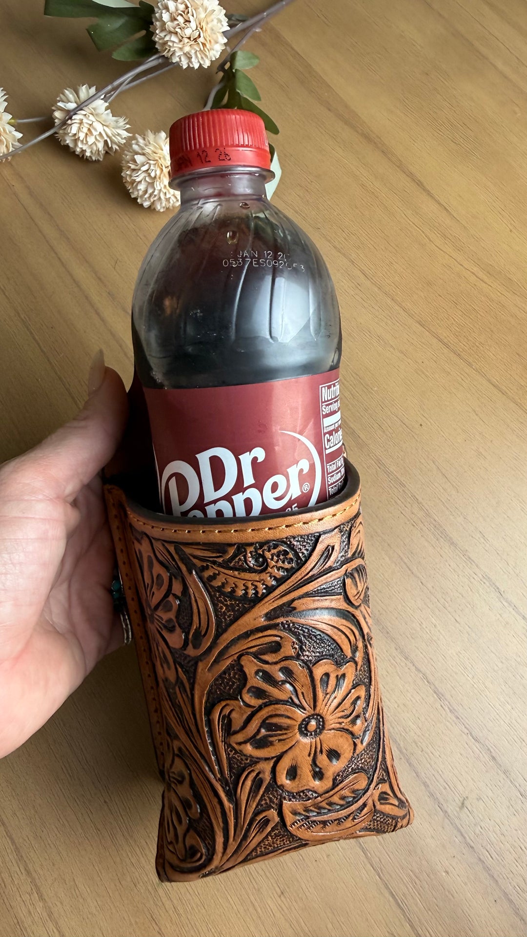 Tooled Leather Belt Drink Holster | Hands-Free Beverage Holder | Genuine Leather Festival, Market & Camping Cup Holder