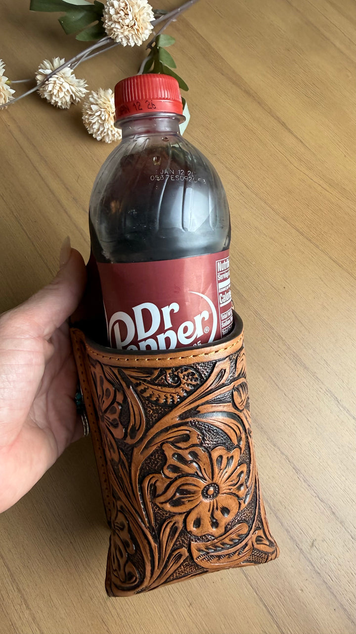 Tooled Leather Belt Drink Holster | Hands-Free Beverage Holder | Genuine Leather Festival, Market & Camping Cup Holder
