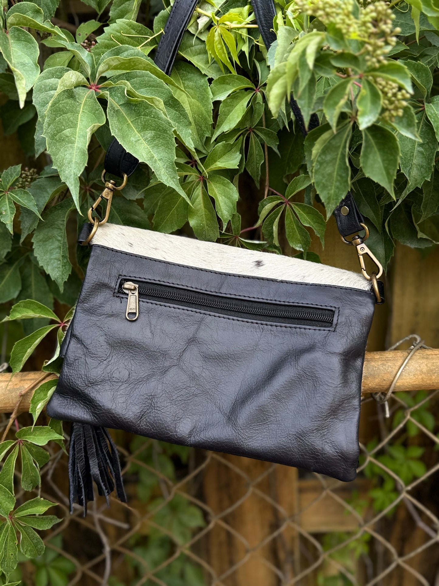 Hide Away Foldover: Small Elegant Black Leather and Hair on Cowhide Crossbody Foldover Purse