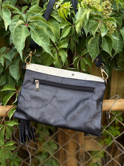 Hide Away Foldover: Small Elegant Black Leather and Hair on Cowhide Crossbody Foldover Purse