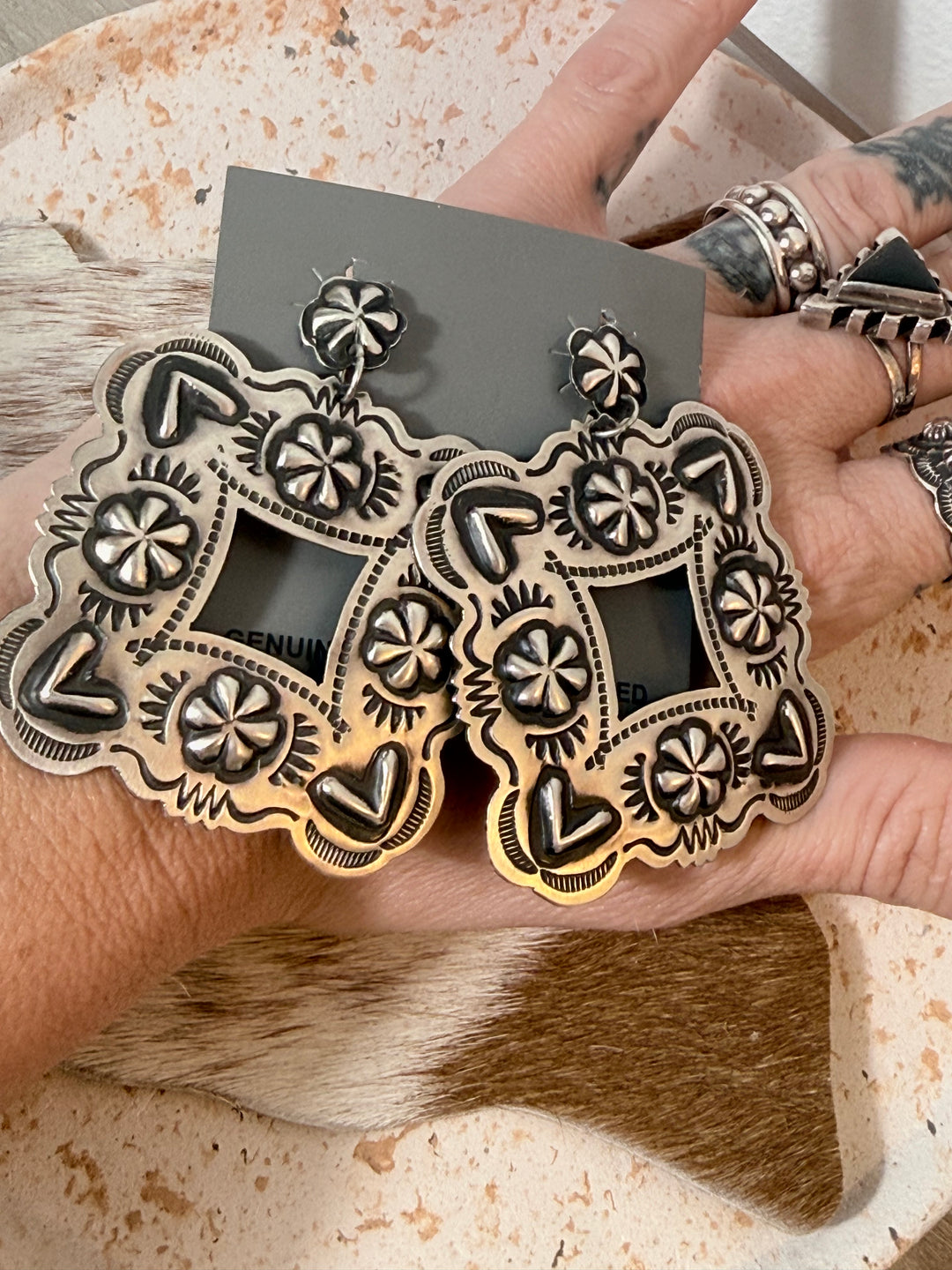 Leander Tahe Navajo Sterling Silver Repoussé Statement Earrings