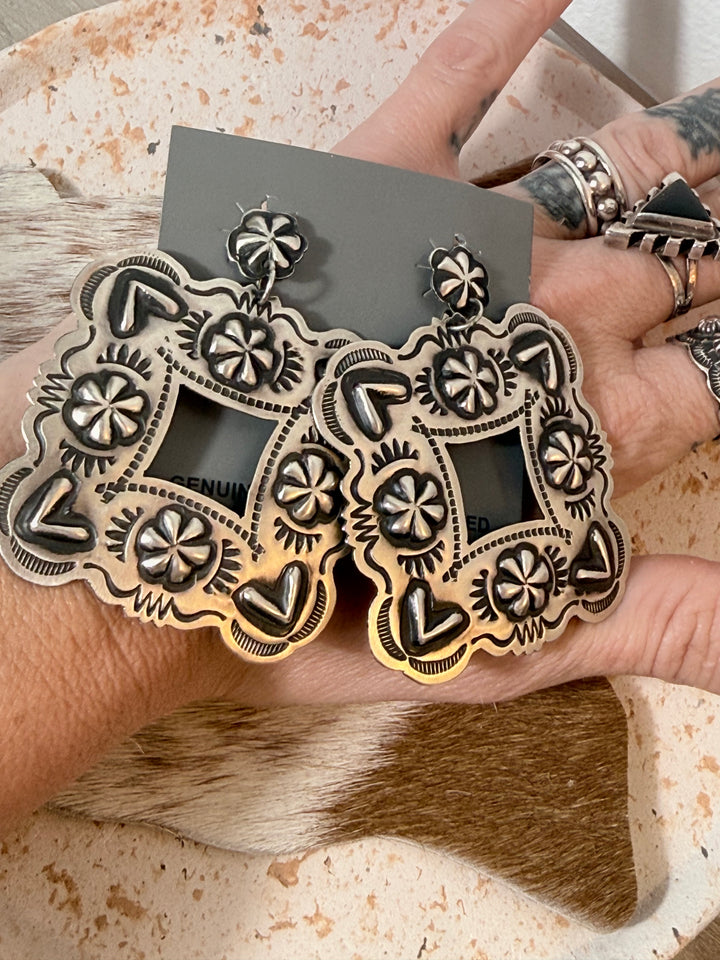 Leander Tahe Navajo Sterling Silver Repoussé Statement Earrings