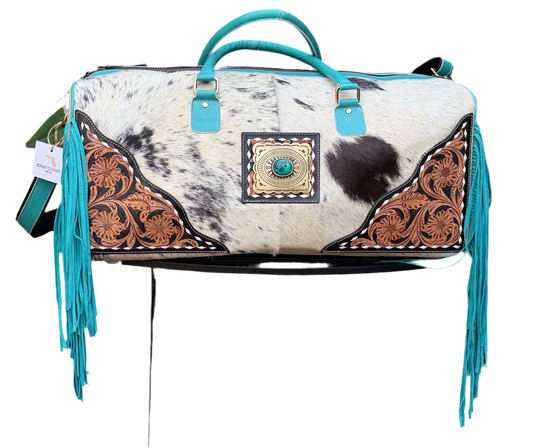 Terminal to Trail : Turquoise Leather & Cowhide Duffel Bag