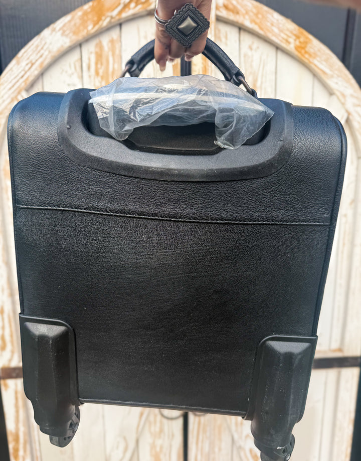 Black & White Diamond Check Leather Rolling Carry-On Suitcase | Small Travel Luggage
