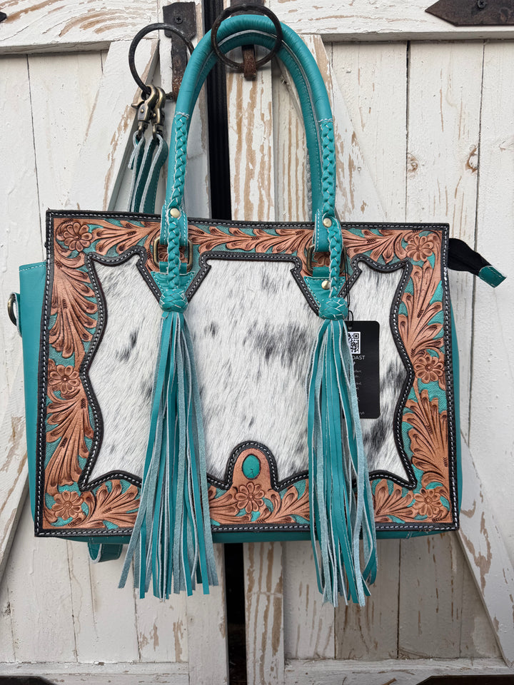 Get to Work Bag | Minty Blue Leather, Tooled Floral & Cowhide Concealed Carry Tote