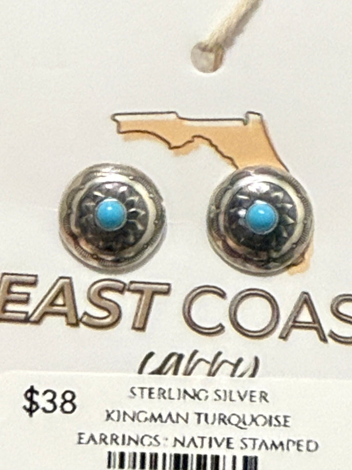 Sterling Silver Native American Handmade Kingman Turquoise Stud Earrings
