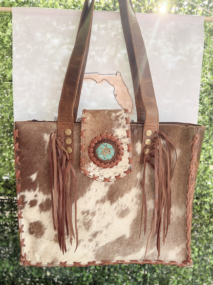Palomino Bluff tote in hair-on cowhide and brown crunch leather with turquoise concho