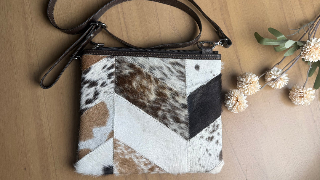 Genuine Cowhide Patchwork Crossbody Bag | Leather Hair-On Hide Pouch Purse | Lightweight Everyday Western Bag