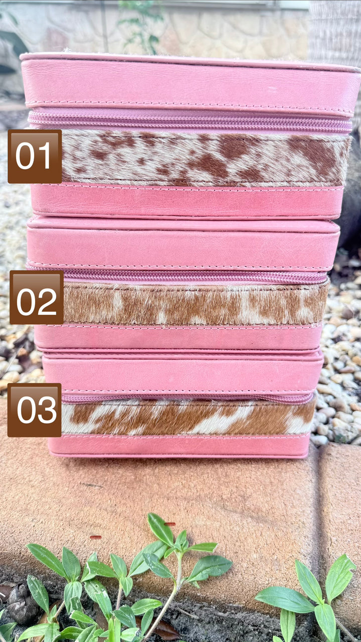Pink Leather Tan Cowhide Southwestern Rug Design Jewelry Box