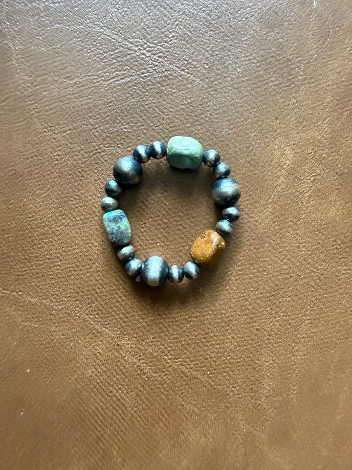Sterling Silver Desert Pearl & Natural Turquoise Stretch Ring | Size 8–10