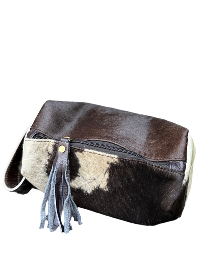 Black Cowhide & Leather Travel Cosmetic Bag | Black Fringe