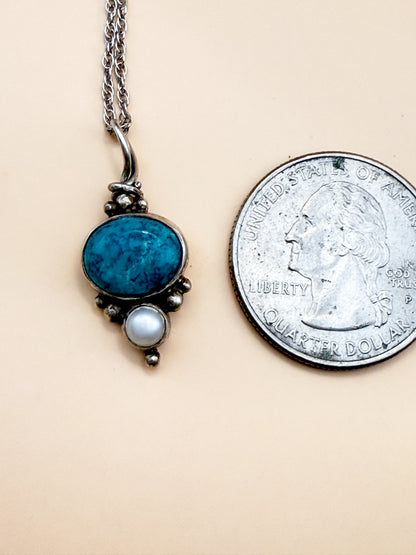 VINTAGE Nepal 925 pearl and turquoise drop pendant with 18” chain
