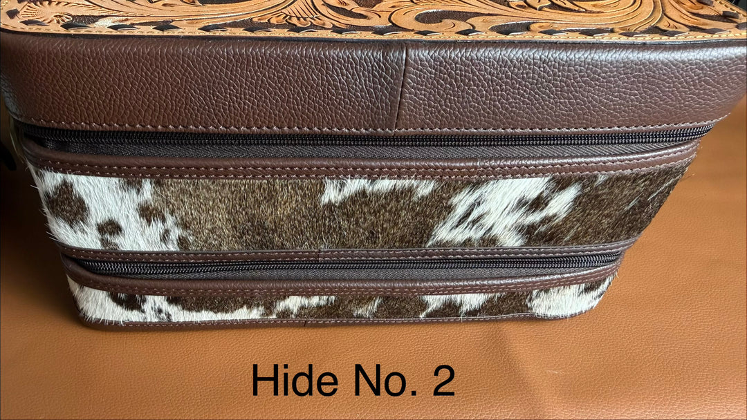 The Double Decker in Chocolate Brown | Large Dark Brown and White Cowhide and Tooled Leather Jewelry Case
