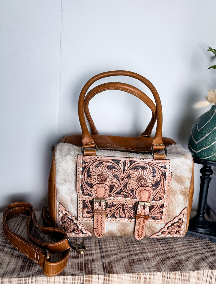 Cowhide Leather Doctor Bag | Tooled Leather Large Handbag with Crossbody Strap