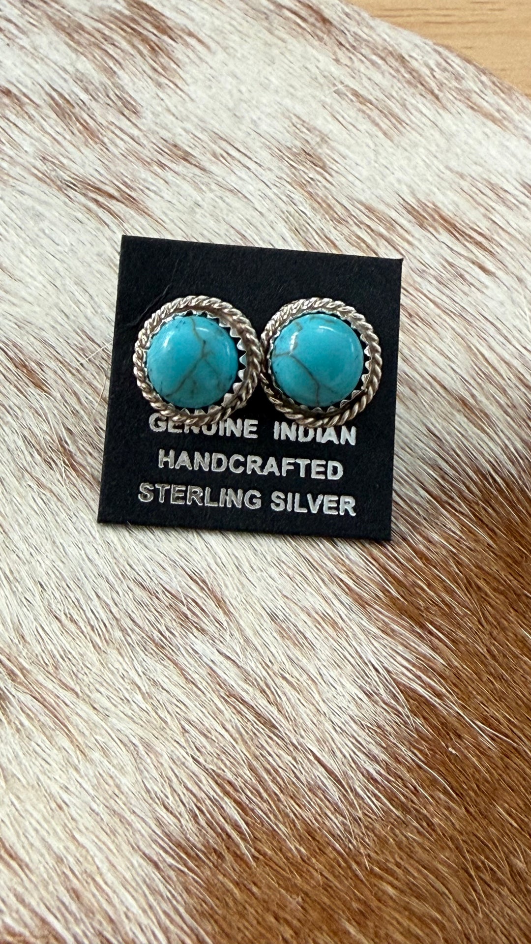 Navajo Handmade Turquoise Stud Earrings | Sterling Silver Rope Border | 10mm Native American Jewelry