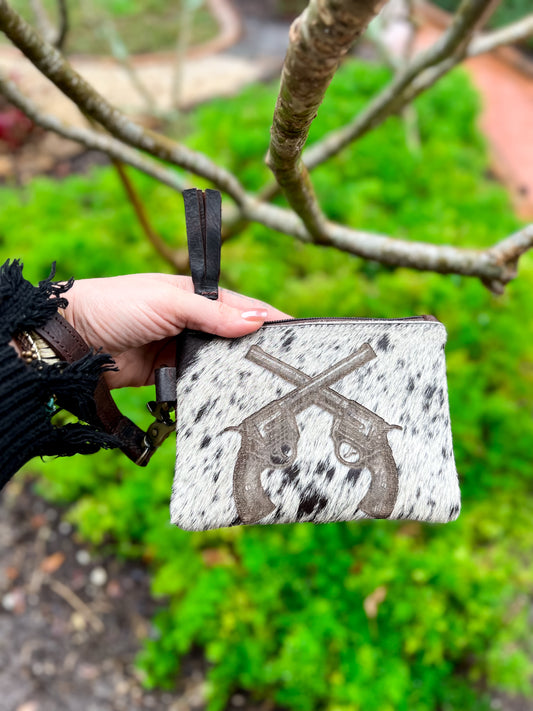 Gun branded cowhide with leather backing zipper top wristlet