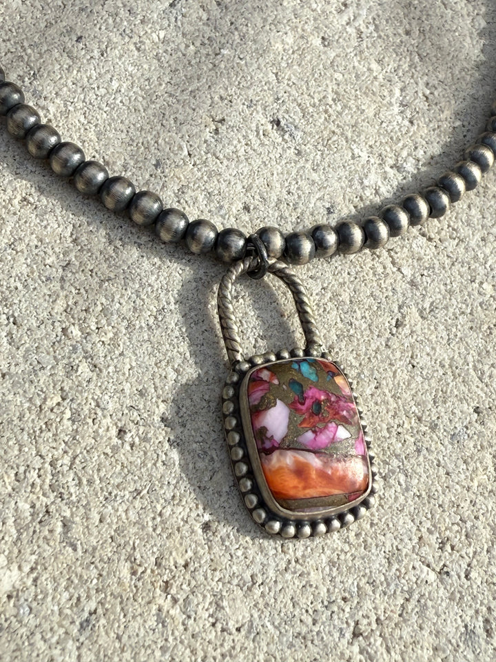 Desert Pearl Locket | Sterling Silver 4mm Desert Pearls with Sterling Spiny, Dahlia & Turquoise Locket Pendant 18”