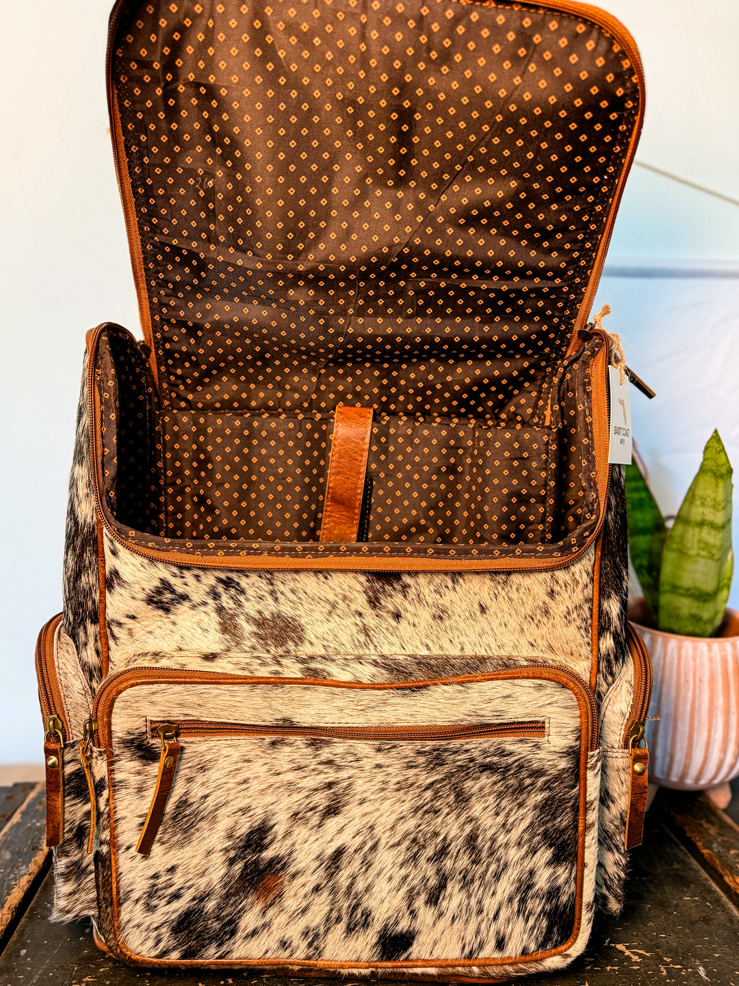 The Bubba Bag: Hair on Cowhide Full Grain Leather All Adventures Backpack in Black White Grey Speckled Hide