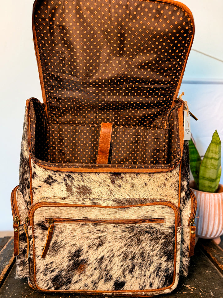 The Bubba Bag: Hair on Cowhide Full Grain Leather All Adventures Backpack in Black White Grey Speckled Hide