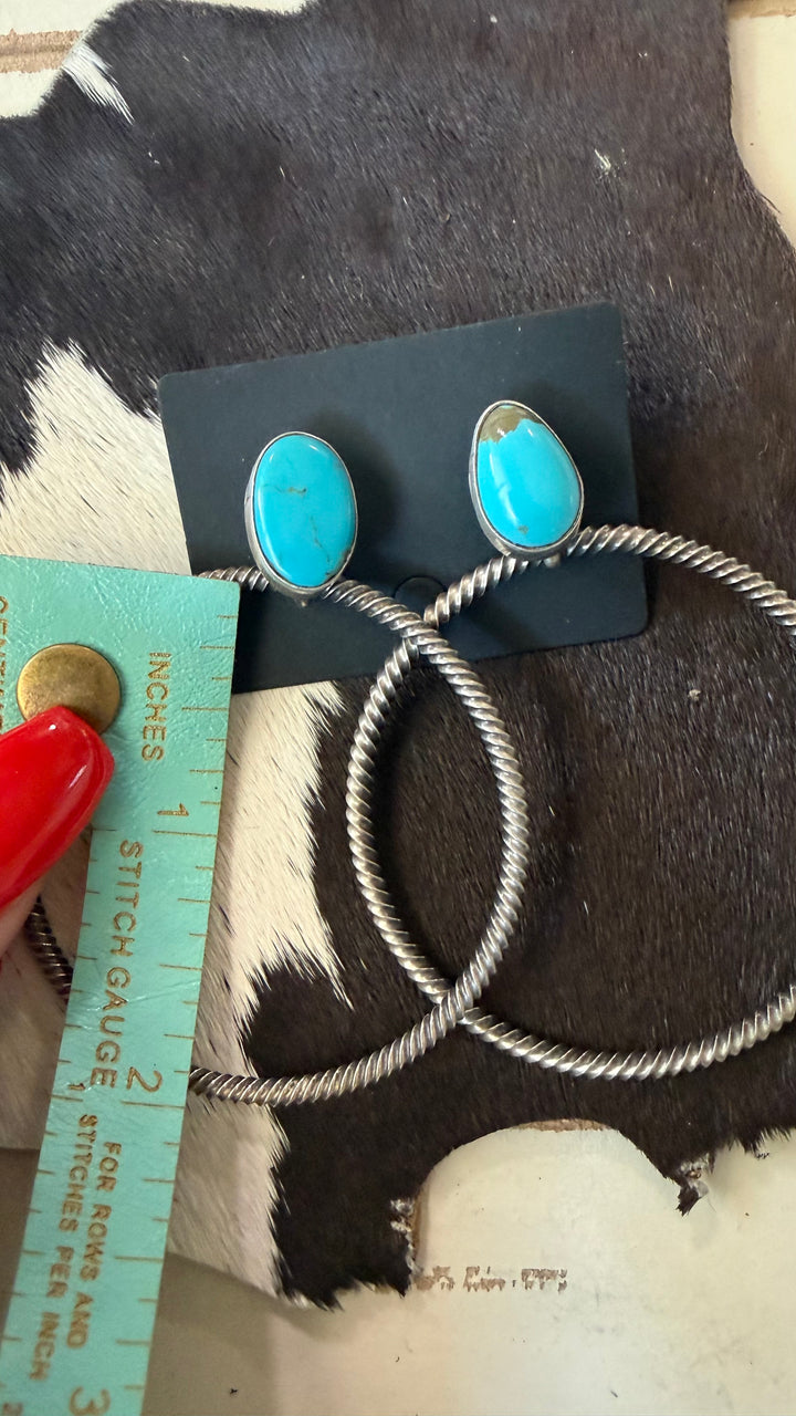 Verley Betone Navajo Handmade Turquoise & Sterling Silver Hoop Earrings