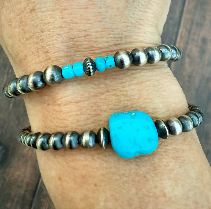 Sterling Silver Bead Bracelet with Sleeping Beauty Turquoise | Adjustable | Choose Your Style