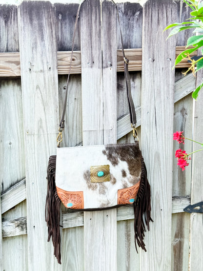 The Concho Carryall: Hair-On Cowhide & Tooled Leather Crossbody Purse