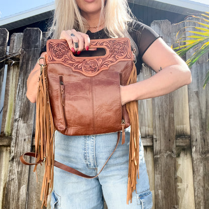 Tooled handle fringe crossbody concealed carry purse