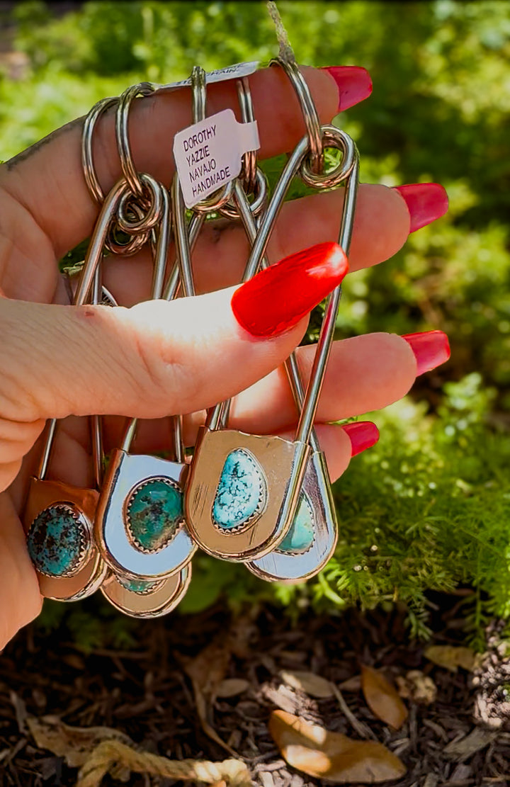 Dorothy Yazzie Kingman Turquoise Giant Safety Pin Keychain | Navajo Handmade