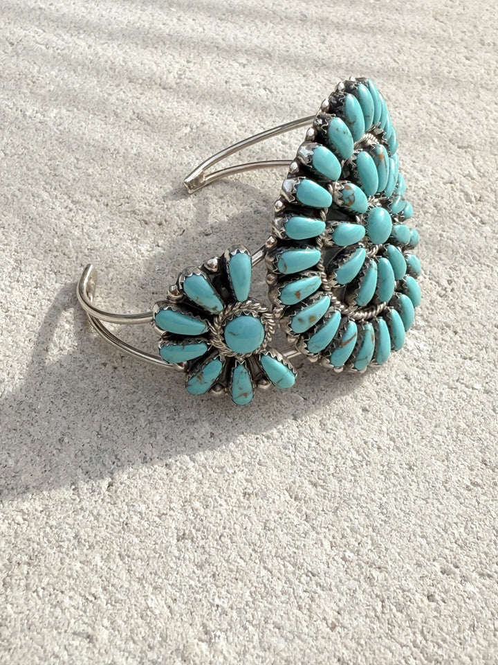 Estate Native American Sterling Silver Petit Point Turquoise Cluster Cuff – Signed DB