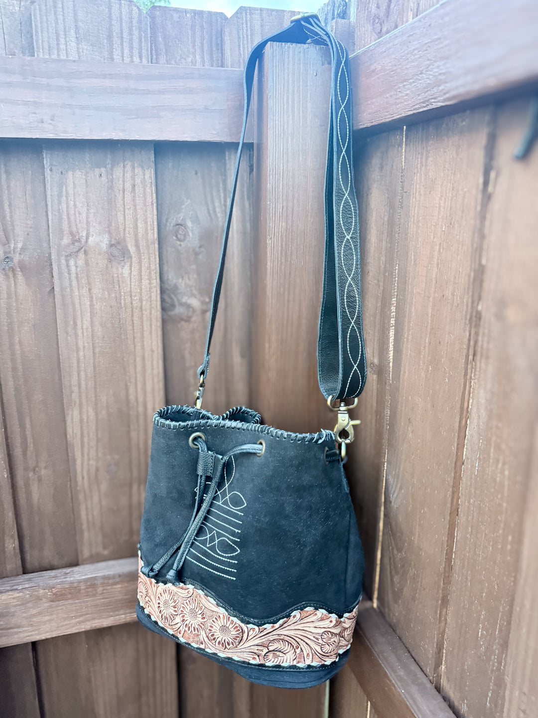 The Bronco Bucket | Black Suede & Tooled Leather Western Bucket Bag