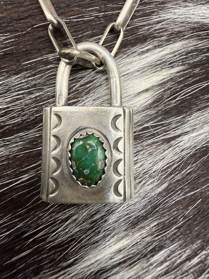 Navajo Sterling Silver Lock Necklace Charm Pendants | Turquoise or Pink Conch