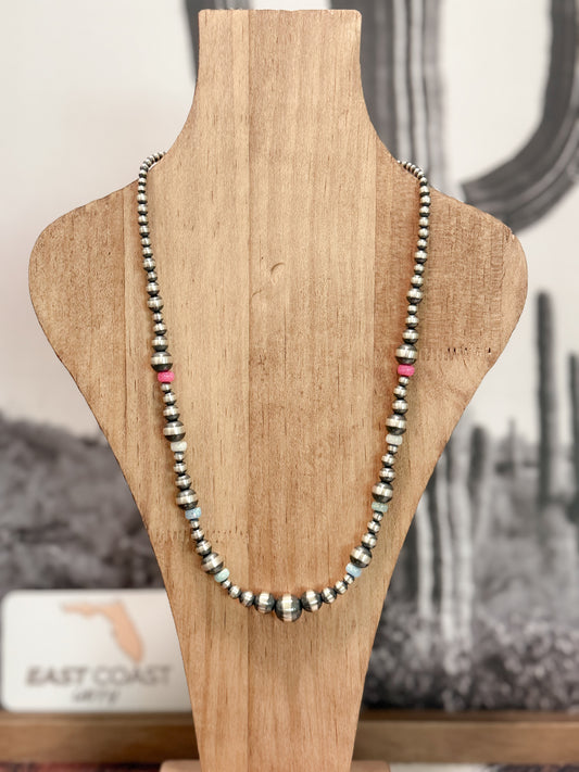 18” Native Strung Sterling Silver Graduated Beads & Pink, White and Blue Lab Opal “Navajo Pearls”
