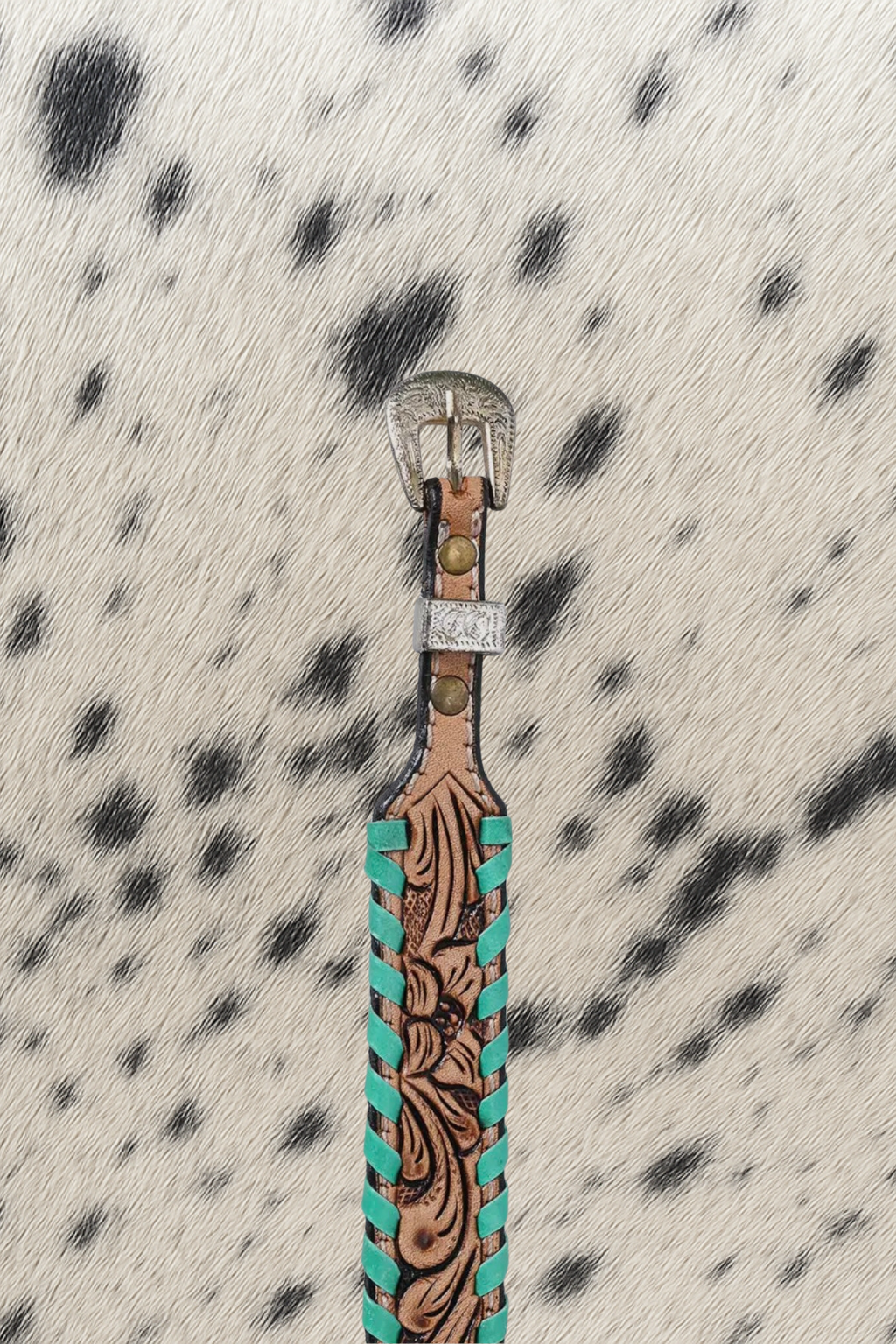 Tooled Leather Cowboy Hat Band with Turquoise Whipstitch | Adjustable Western Hat Band