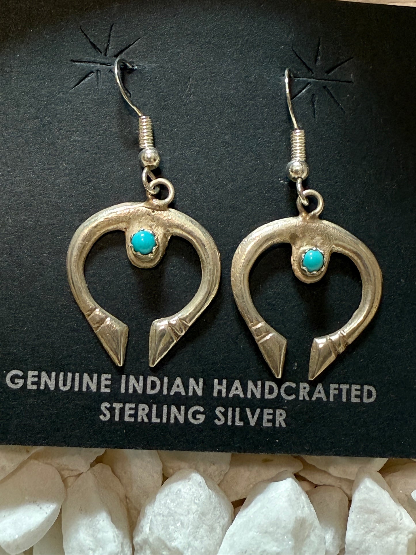 Navajo Handmade Marie Chee Naja Turquoise & Sterling Silver Dangle Earrings