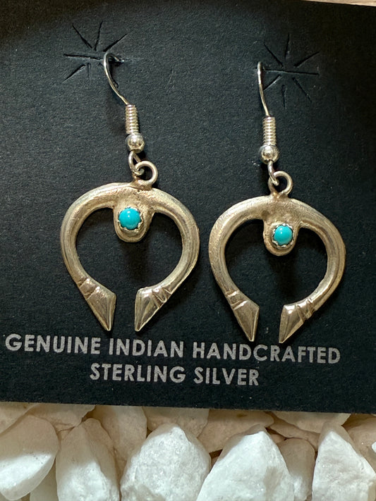 Navajo Handmade Marie Chee Naja Turquoise & Sterling Silver Dangle Earrings