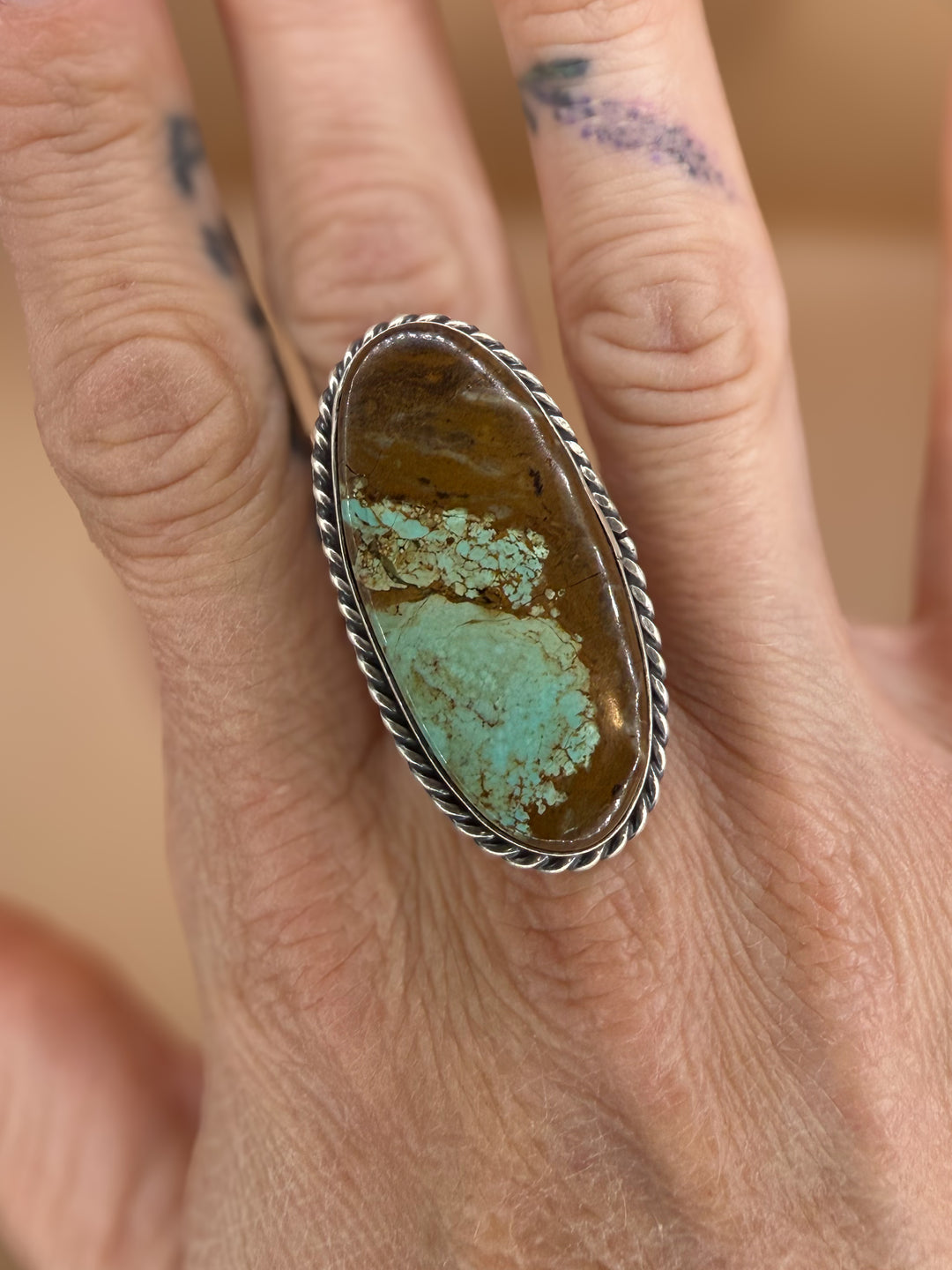 Navajo Handmade Mine #8 Turquoise Ring by Chastity Belone | Sterling Silver Adjustable Statement Ring
