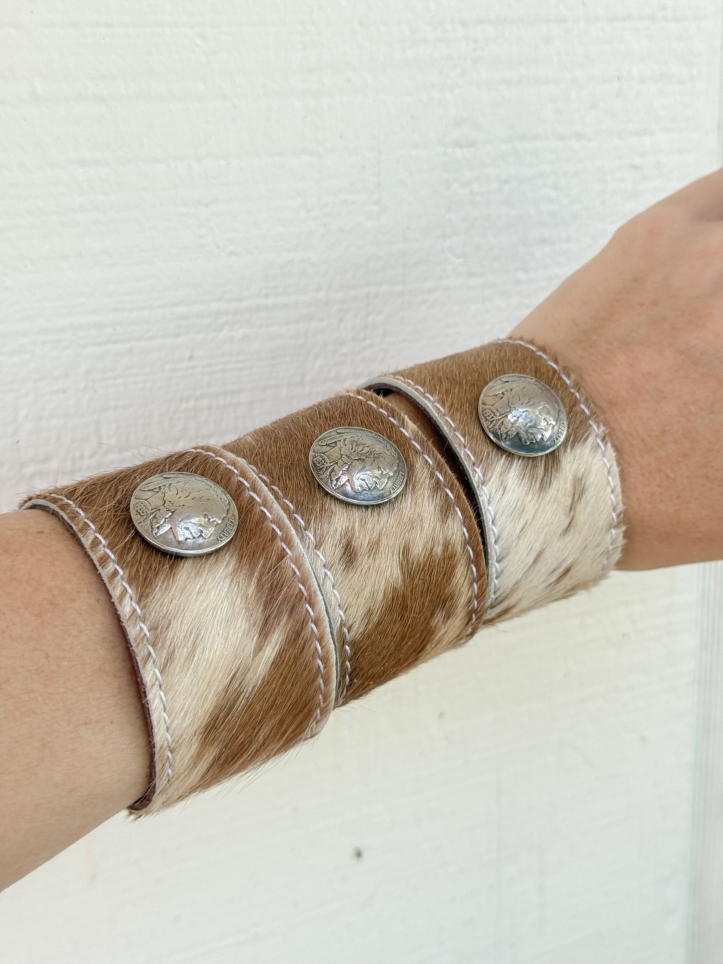 Real Buffalo Nickel Indian Head Coin Vintage Concho on Hair on Cowhide and Leather Cuff Adjustable Bracelet 7-8”